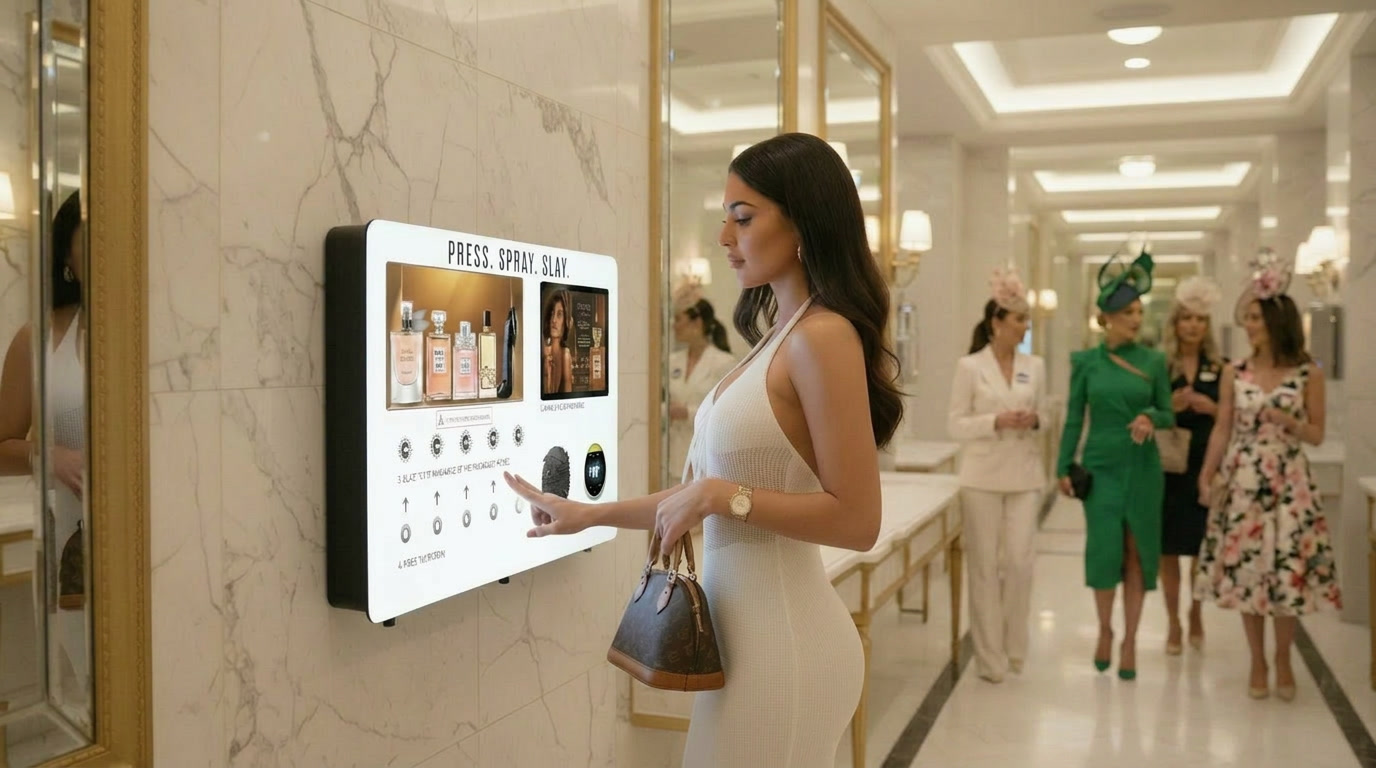 Woman using a premium fragrance vending machine at a racecourse venue