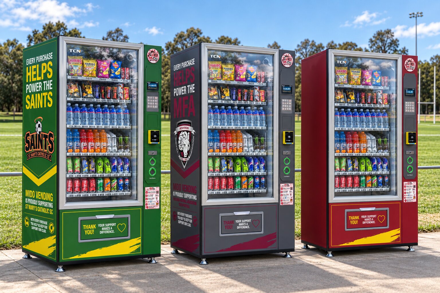 Three snack and drink vending machines wrapped in club colours standing beside a sunny sports field