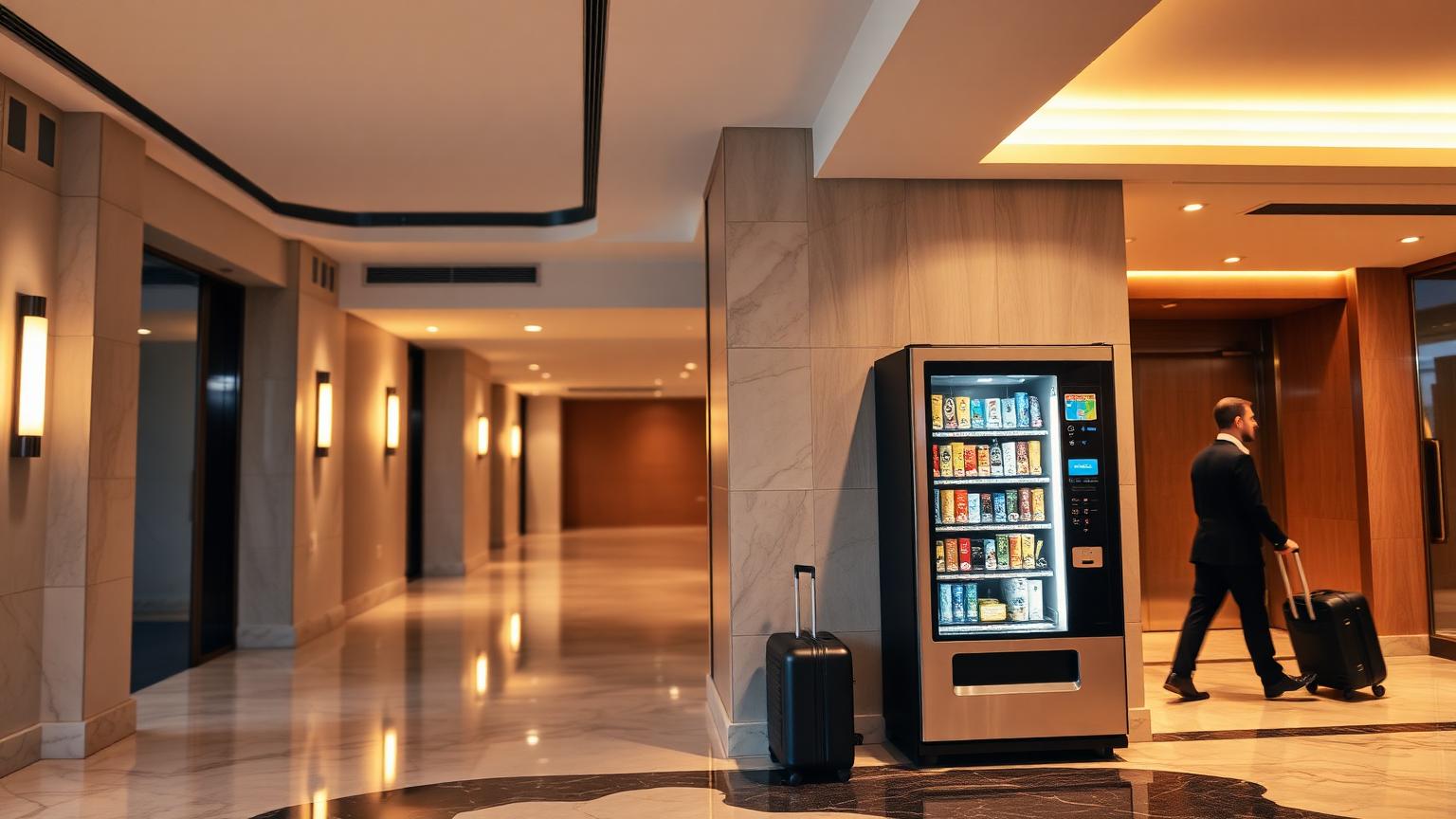 Premium vending machine in a modern hotel lobby at evening